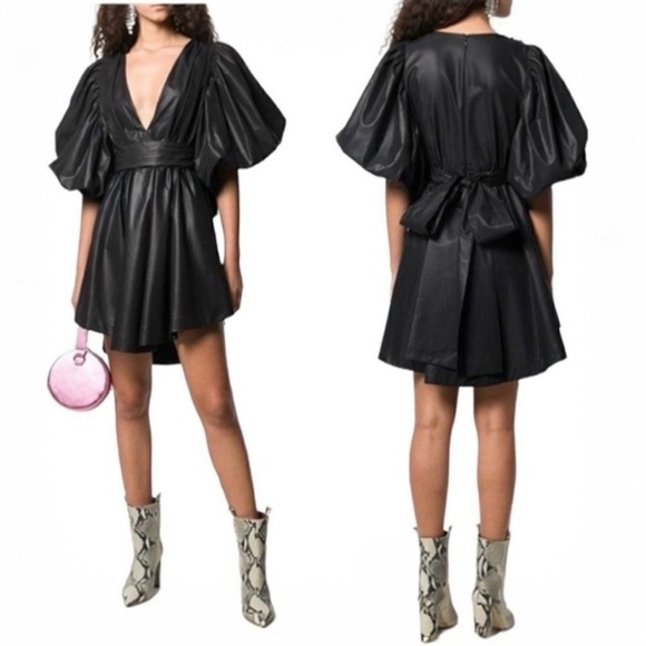 MSGM Satin High Shine Faux Wrap Asymmetrical  Puff Sleeve Bow Tie Mini Dress NEW - Picture 5 of 16